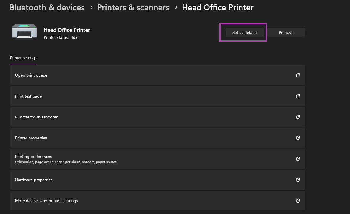 Setup default printer on a computer bitberry